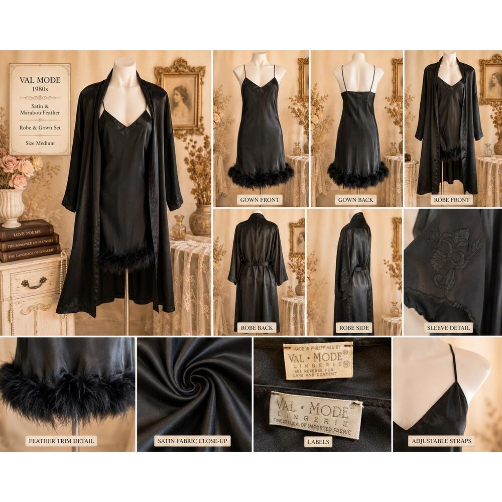 Vintage Val Mode 1980s Black Satin Marabou Feather Gown and Robe Set Medium - Picture 3 of 15